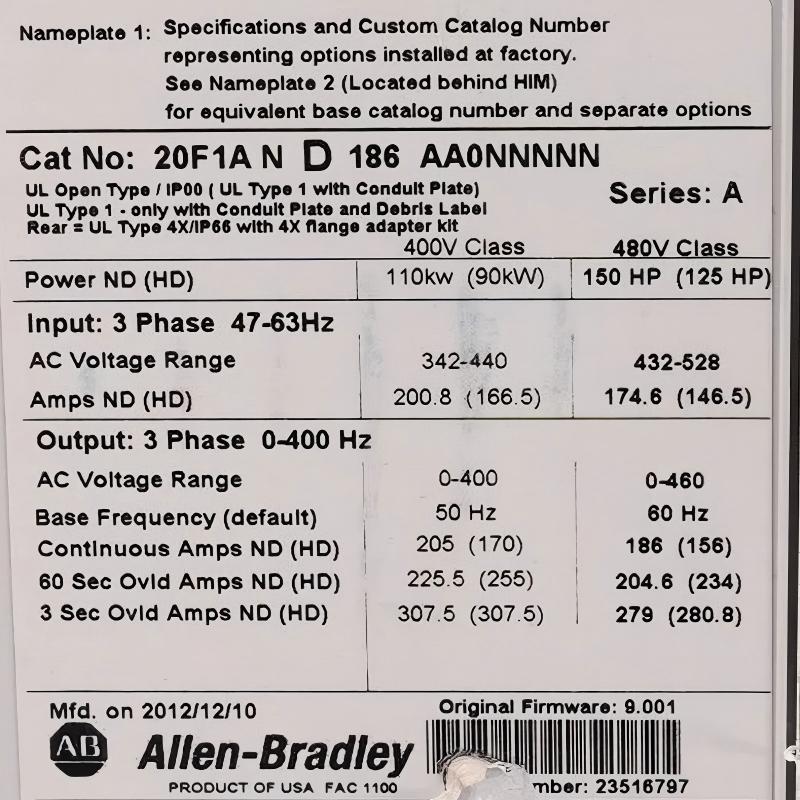 Allen Bradley 20F1AND186AA0NNNNN PowerFlex 753 AC Drive