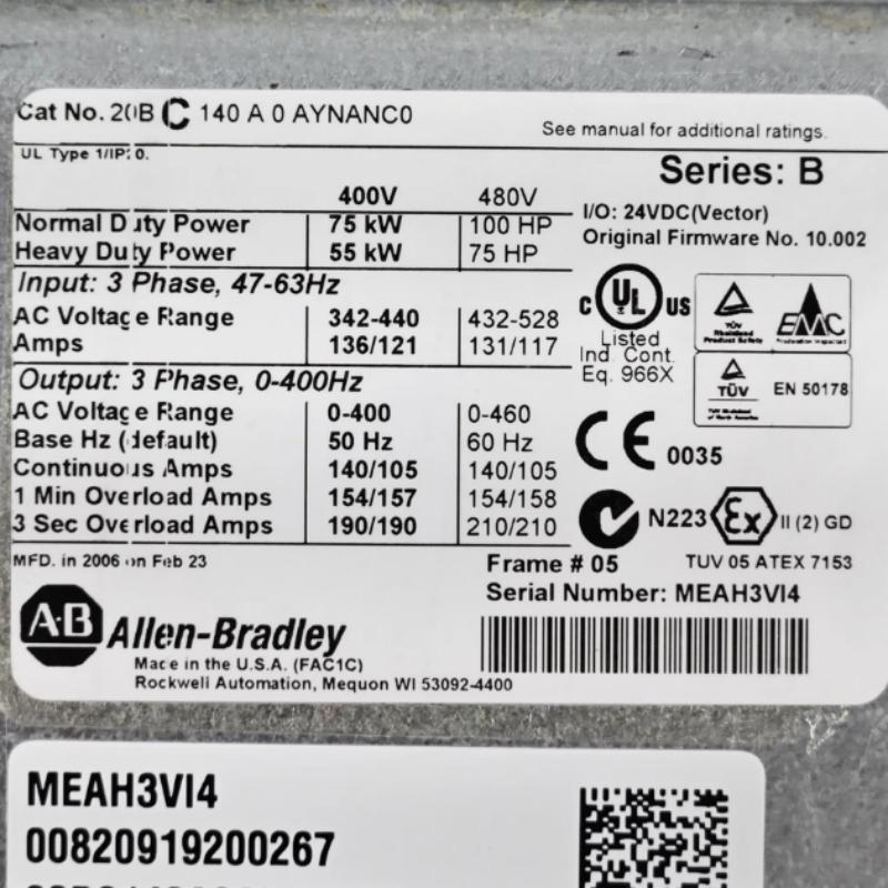 Allen Bradley 20BC140A0AYNANC0 PowerFlex 700 AC Drive