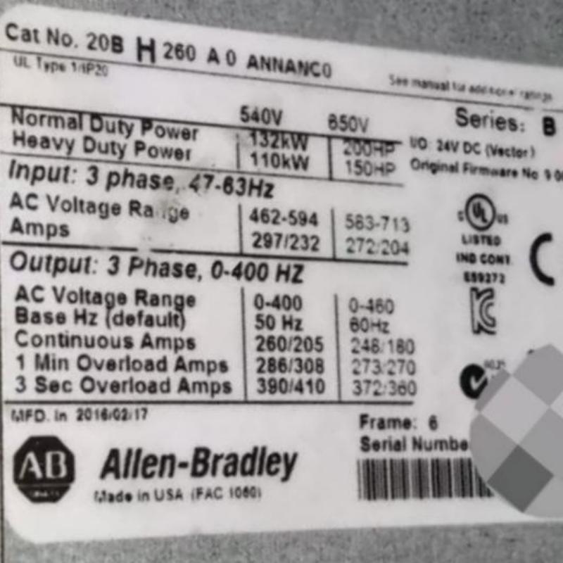 Allen Bradley 20BC260A0AYNANC0 PowerFlex 700 AC Drive