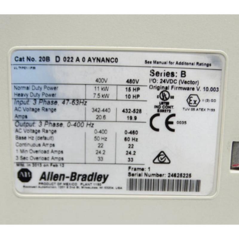 Allen Bradley 20BD022A0AYNANC0 PowerFlex 700 AC Drive