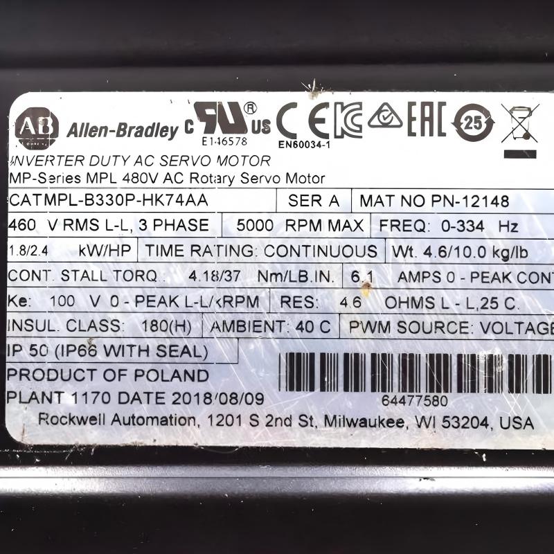 Allen Bradley MPL-B330P-HK74AA Low-Inertia Brushless Servo Motors Product