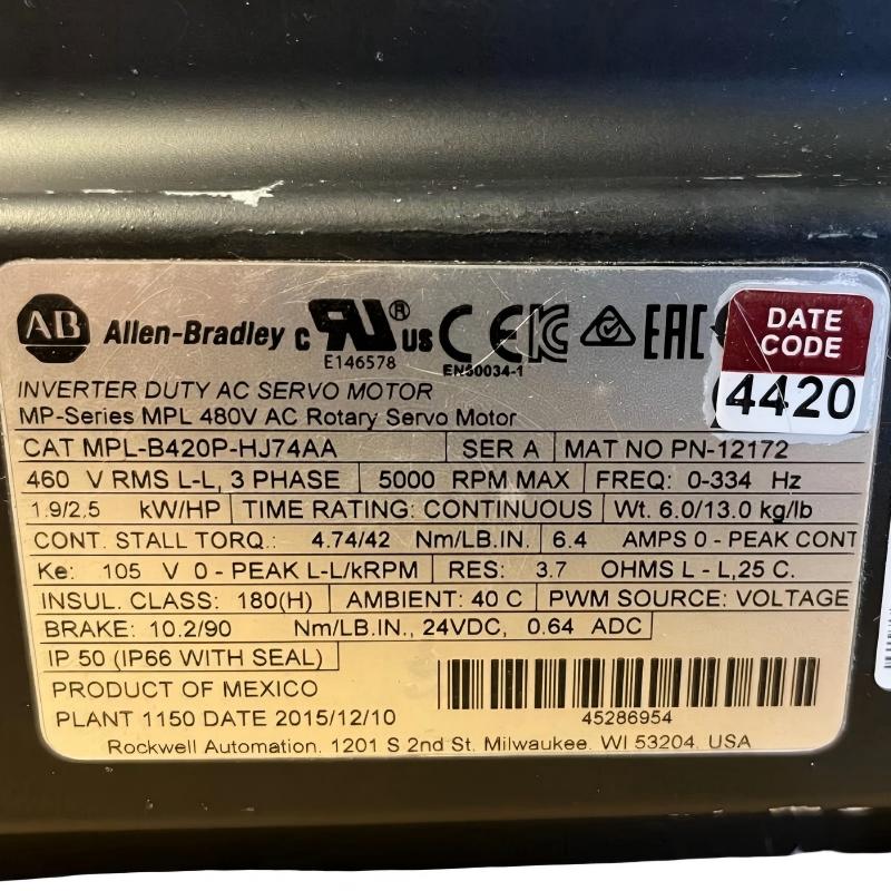 Allen Bradley MPL-B420P-HJ74AA Low-Inertia Brushless Servo Motors Product