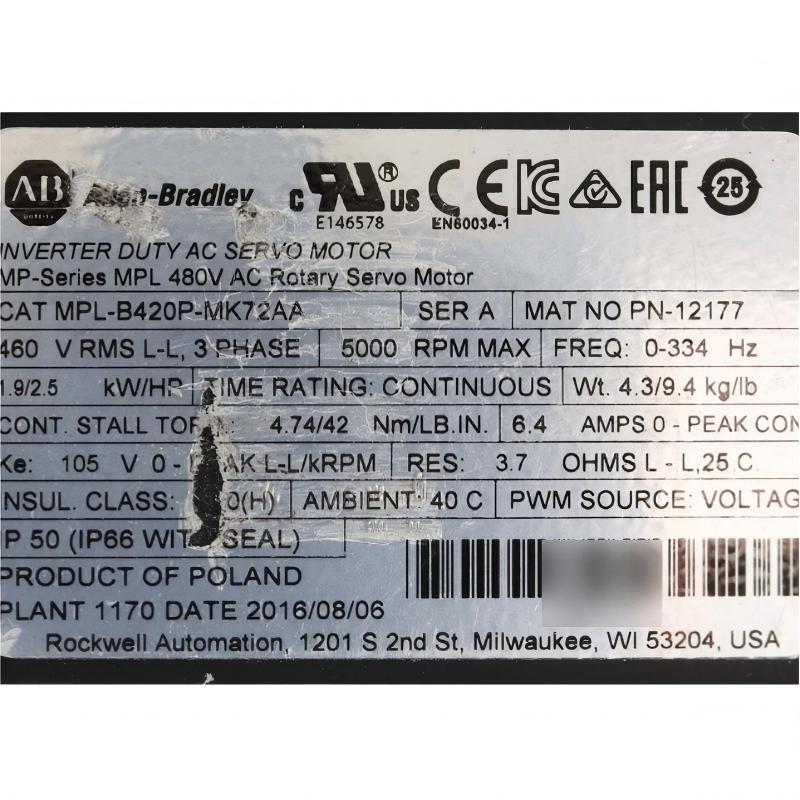 Allen Bradley MPL-B420P-MK72AA Low-Inertia Brushless Servo Motors Product