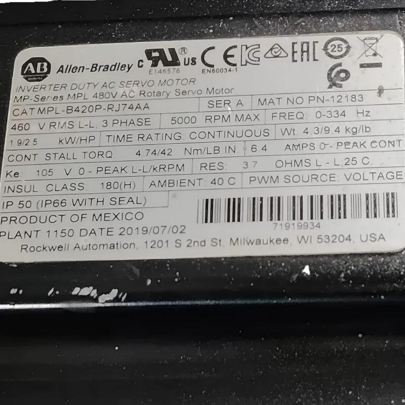 Allen Bradley MPL-B420P-RJ74AA Low-Inertia Brushless Servo Motors Product