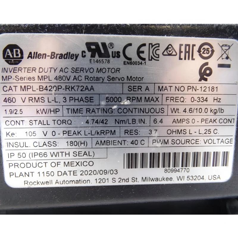 Allen Bradley MPL-B420P-RK72AA Low-Inertia Brushless Servo Motors Product
