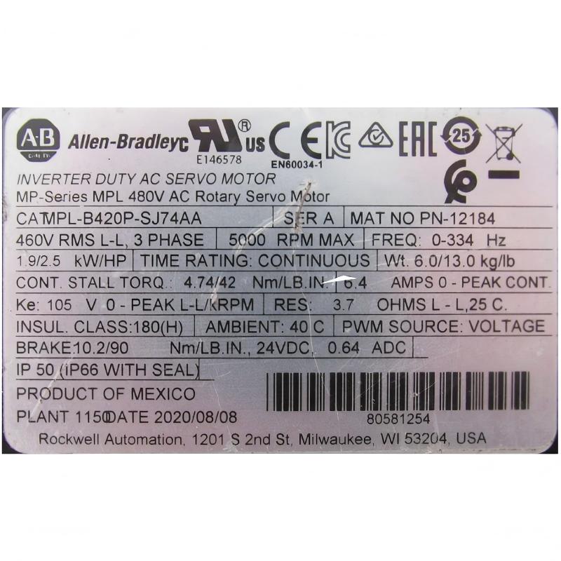 Allen Bradley MPL-B420P-SJ74AA Low-Inertia Brushless Servo Motors Product