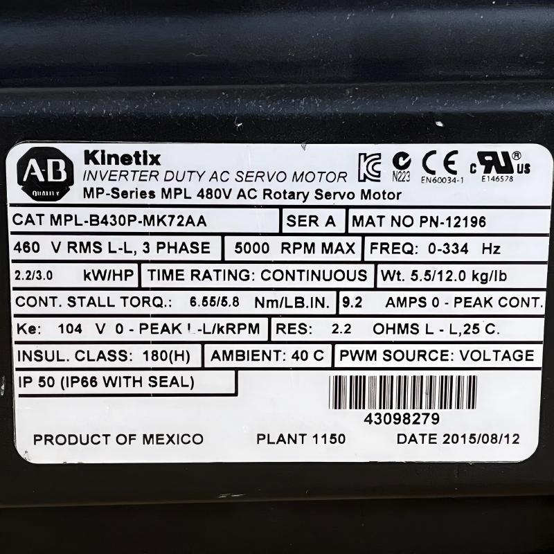 Allen Bradley MPL-B430P-MK72AA Low-Inertia Brushless Servo Motors Product