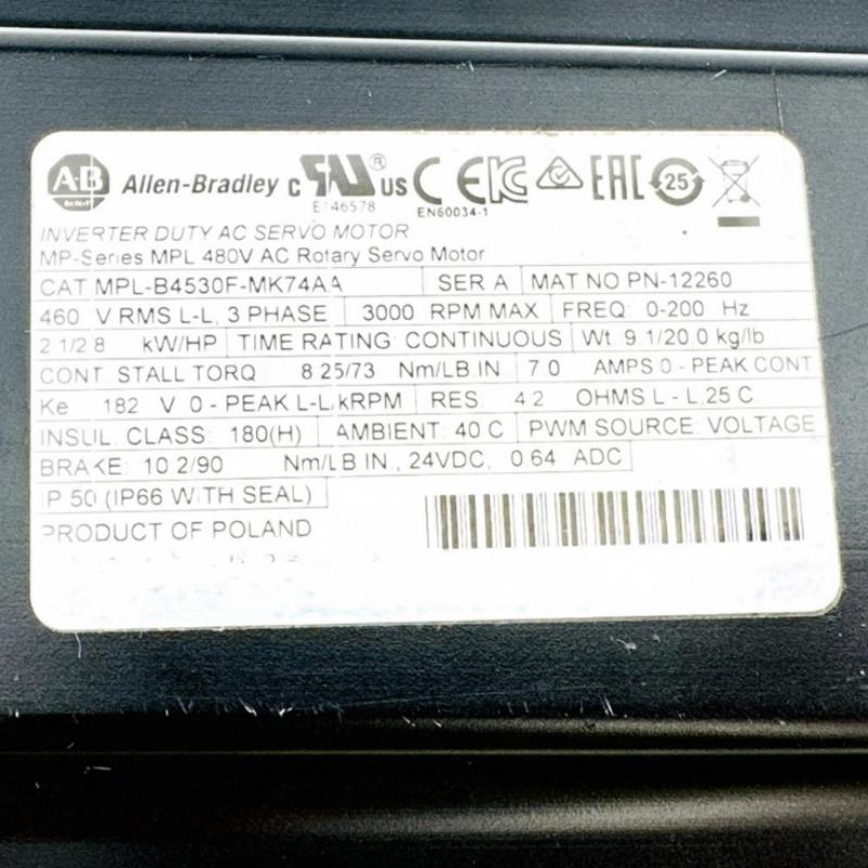 Allen Bradley MPL-B4530F-MK74AA Low-Inertia Brushless Servo Motors Product